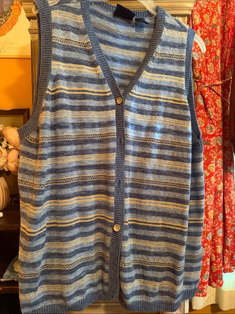 Striped Knit Button Front Vest in Blue and Cream